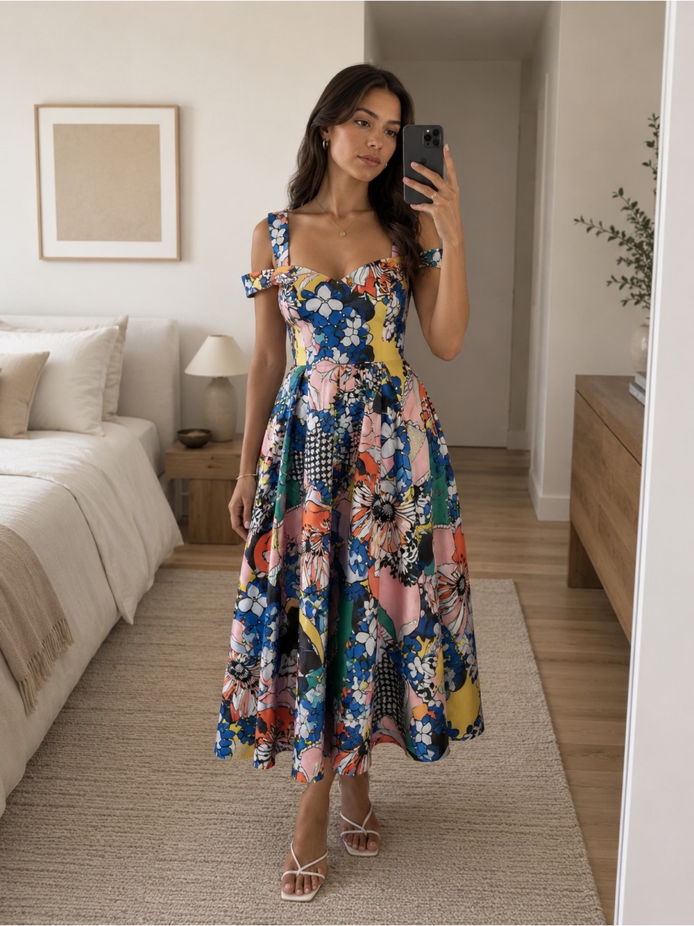 Roman Floral Fit & Flare Midi Dress Colorful Printed Occasion Dress Size US 4